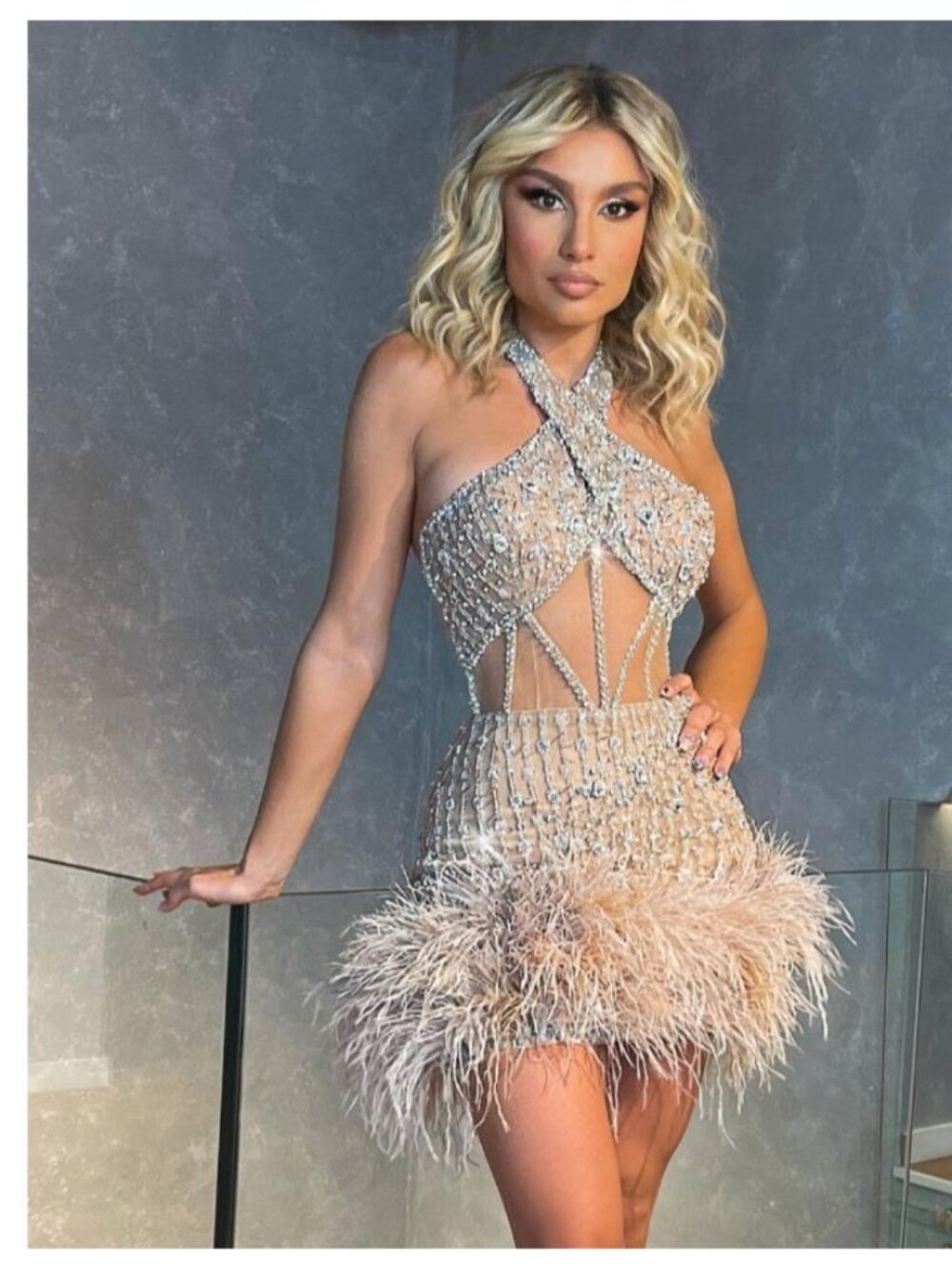 Champagne Sequin Feather Mini Dress Sheer Cutout Halter Glam Party Cocktail xs/s